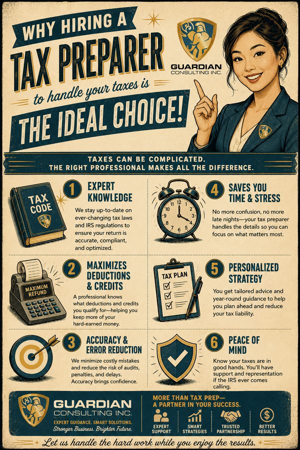 Why hiring a tax preparer to handle your taxes is the ideal choice: expert knowledge, maximized deductions and credits, accuracy and error reduction, time saved, personalized strategy, and peace of mind.